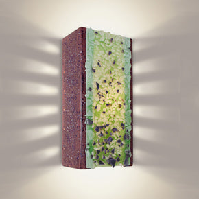 Wall sconce made from reclaimed glass, purple and green